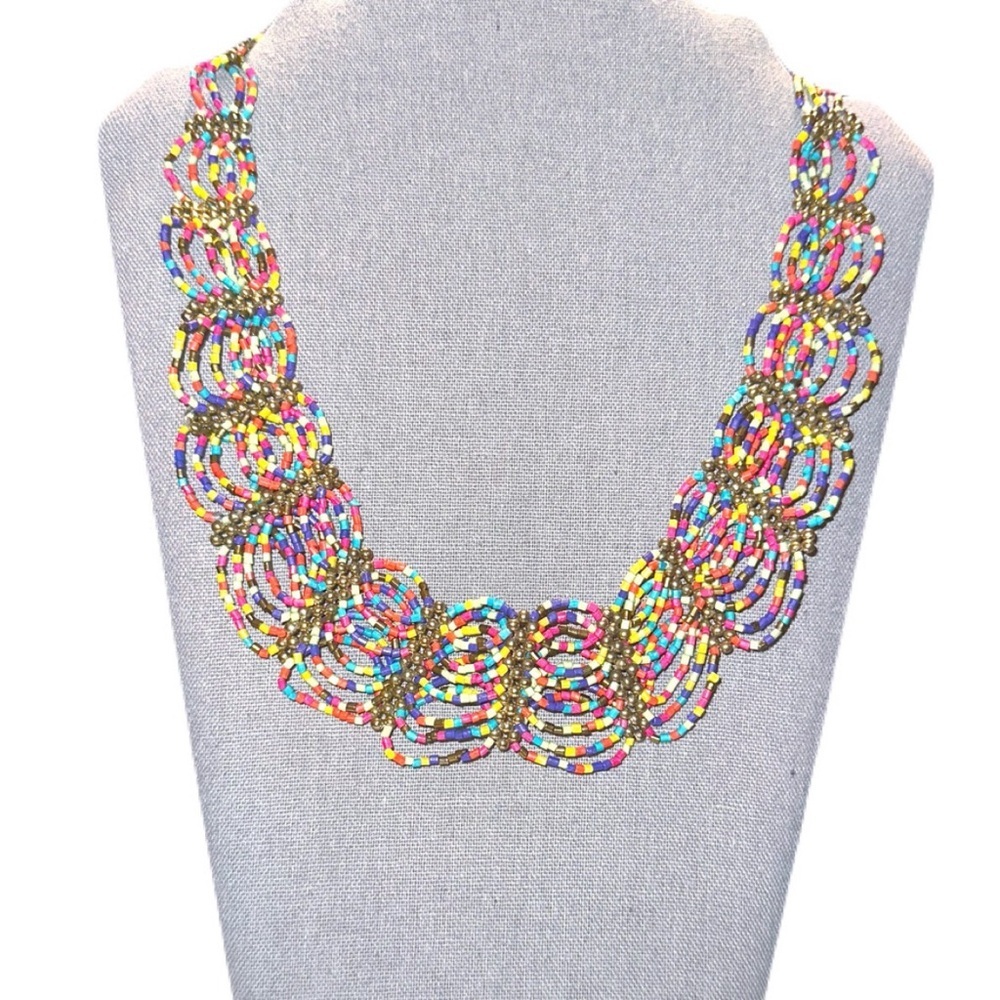 Multi Colored, colorful multi-strand beaded bib necklace